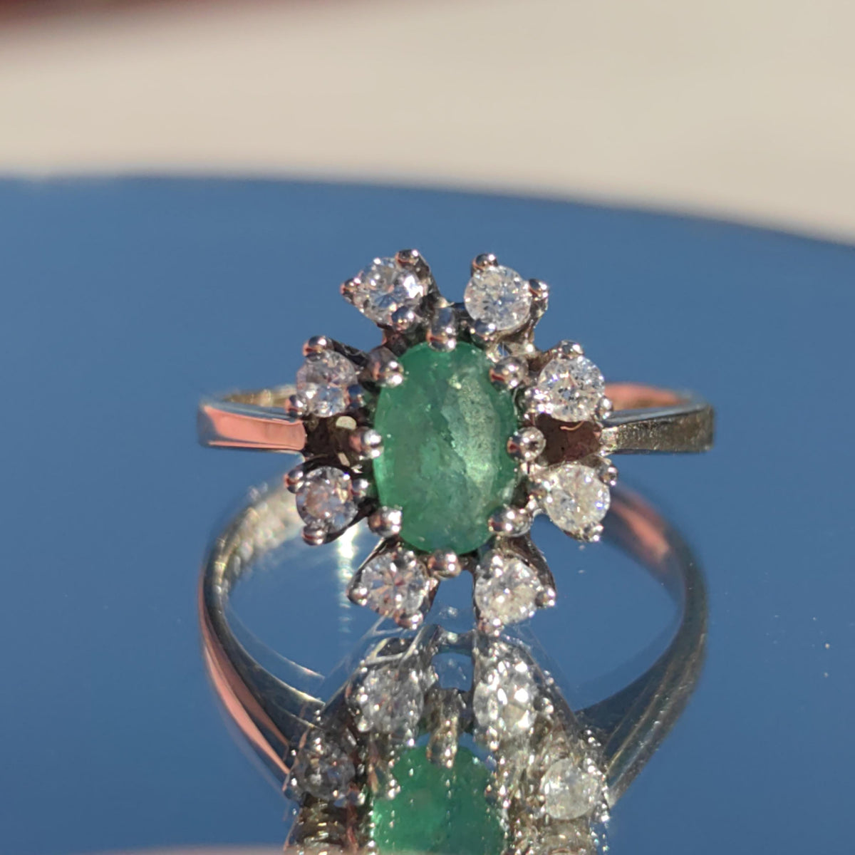 Vintage Emerald Diamond 14k Hallmarked Solid White Gold Elegant Dainty Mid-Century Engagement Ring Gift for Her Statement Ring