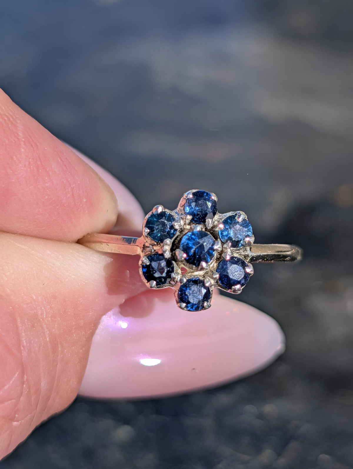 Vintage 1950s Blue Sapphire Flower Ring 14k White Gold Mid Century Floral Cluster Engagement Ring Size 7.5 Gift for Her