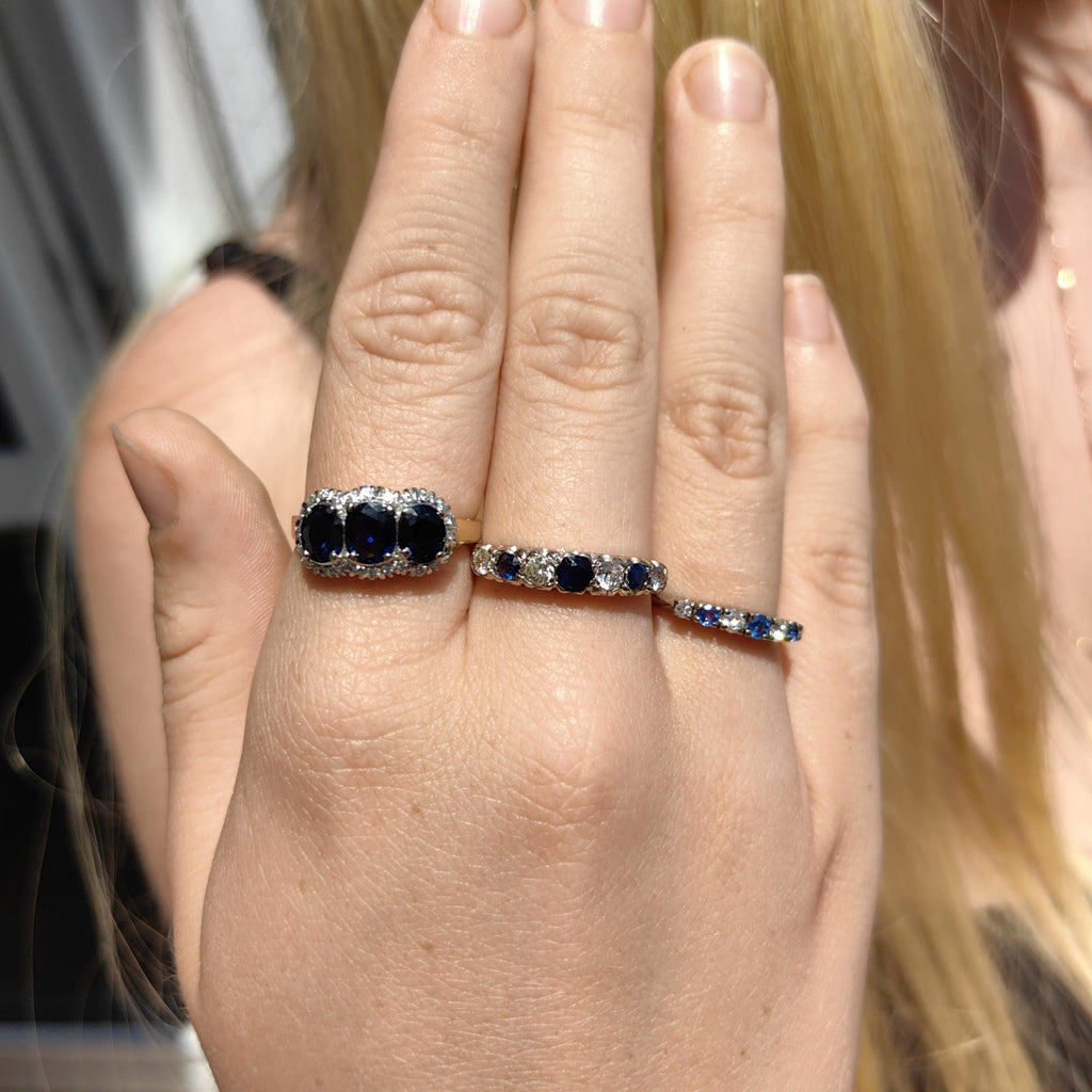 Victorian Style Sapphire Diamond Ring: 14k Yellow Gold, 1950s Vintage