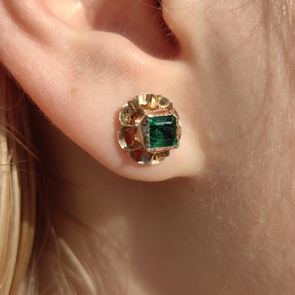 Victorian 1880s Earrings Solid 14k Yellow Gold Green Paste Floral Screw Back Closure  Antique Vintage Earrings Emerald imitation gift her
