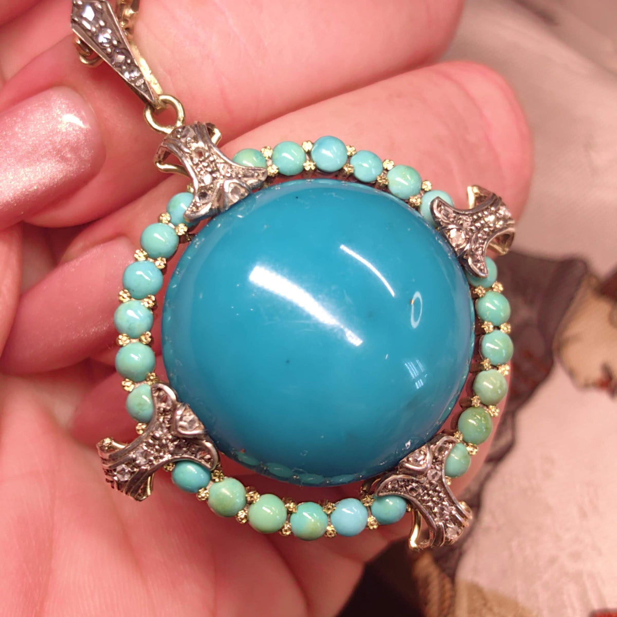 1930s Art Deco Natural Blue Turquoise Pendant 18k Solid Yellow Gold Rose Diamond Statement Pendant Charm Gift for Her Present