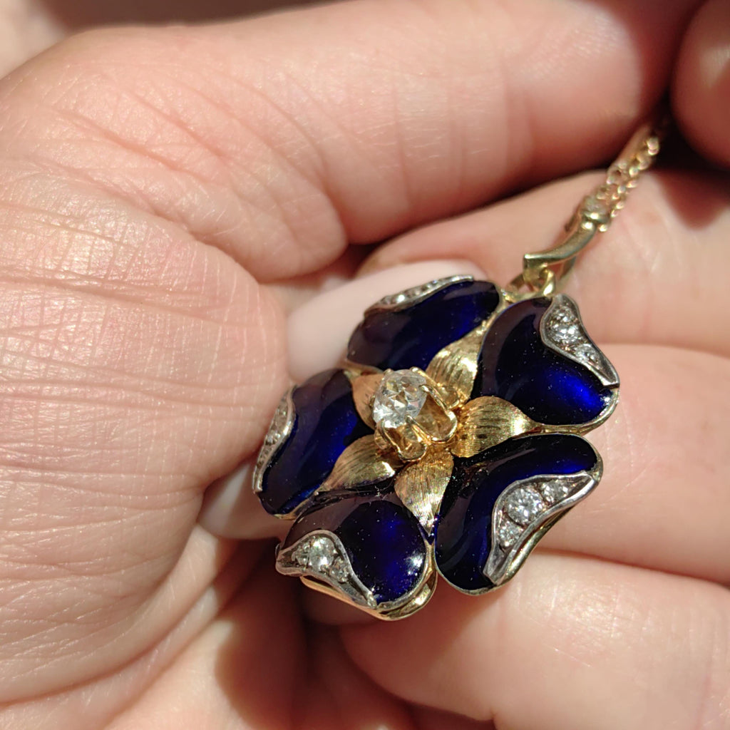 Victorian 1880s Natural Diamond & Blue Hand Painted Enamel Floral Flower Pendant 14k Solid Yellow Gold, Antique Vintage Charm
