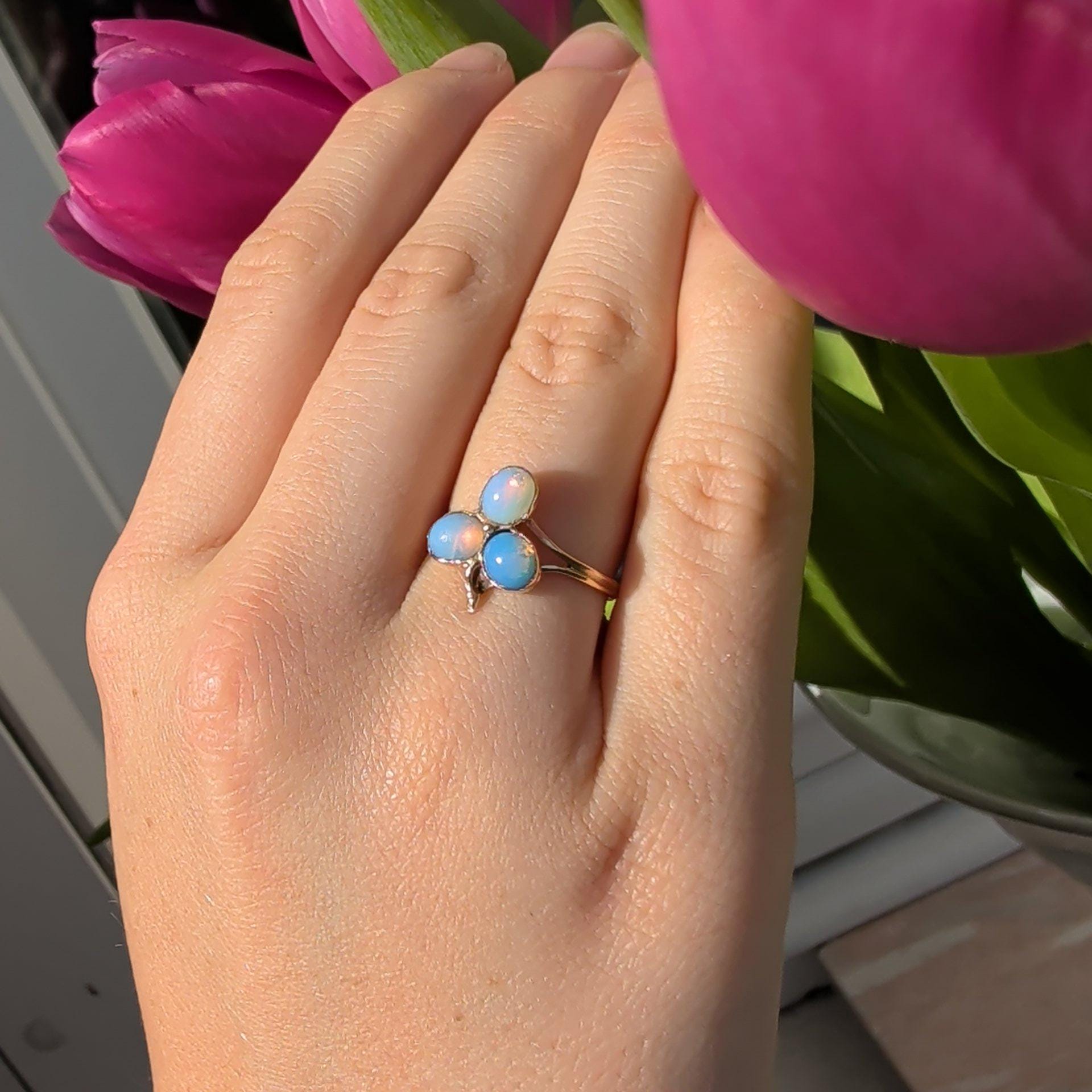Art Nouveau Antique Opal 1900s Tref Clover Solid 14k Yellow Rose Gold Vintage Floral Flower Dainty Ring Gift for Her Girl Romantic Present.