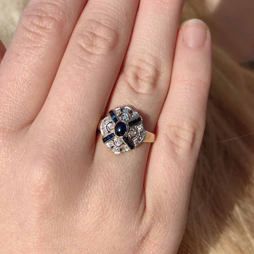 Vintage Art Deco 14k Gold Sapphire Diamond Ring - Size 6.5