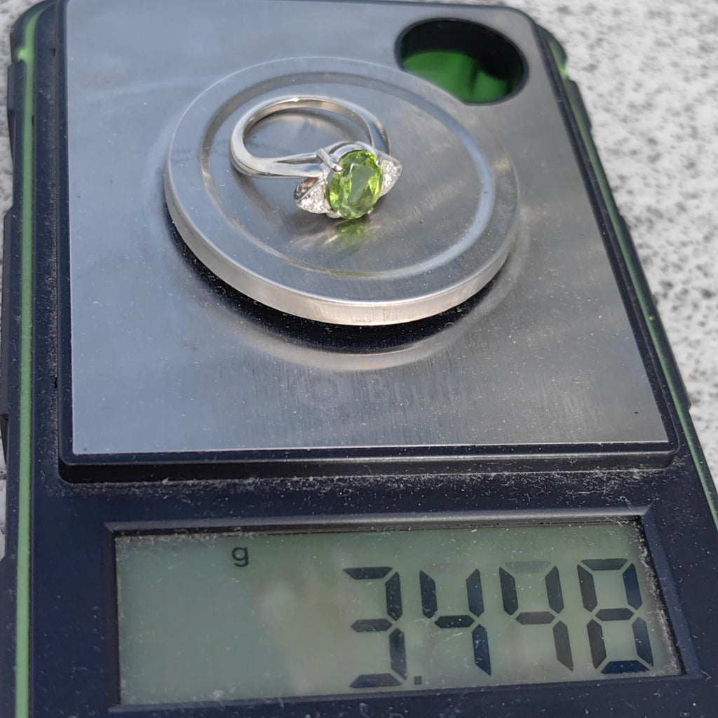 Vintage 14k Solid  White Gold Mid-Century Peridot  Diamond Geometric Solitaire Elegant Band Ring Gift for Her Present