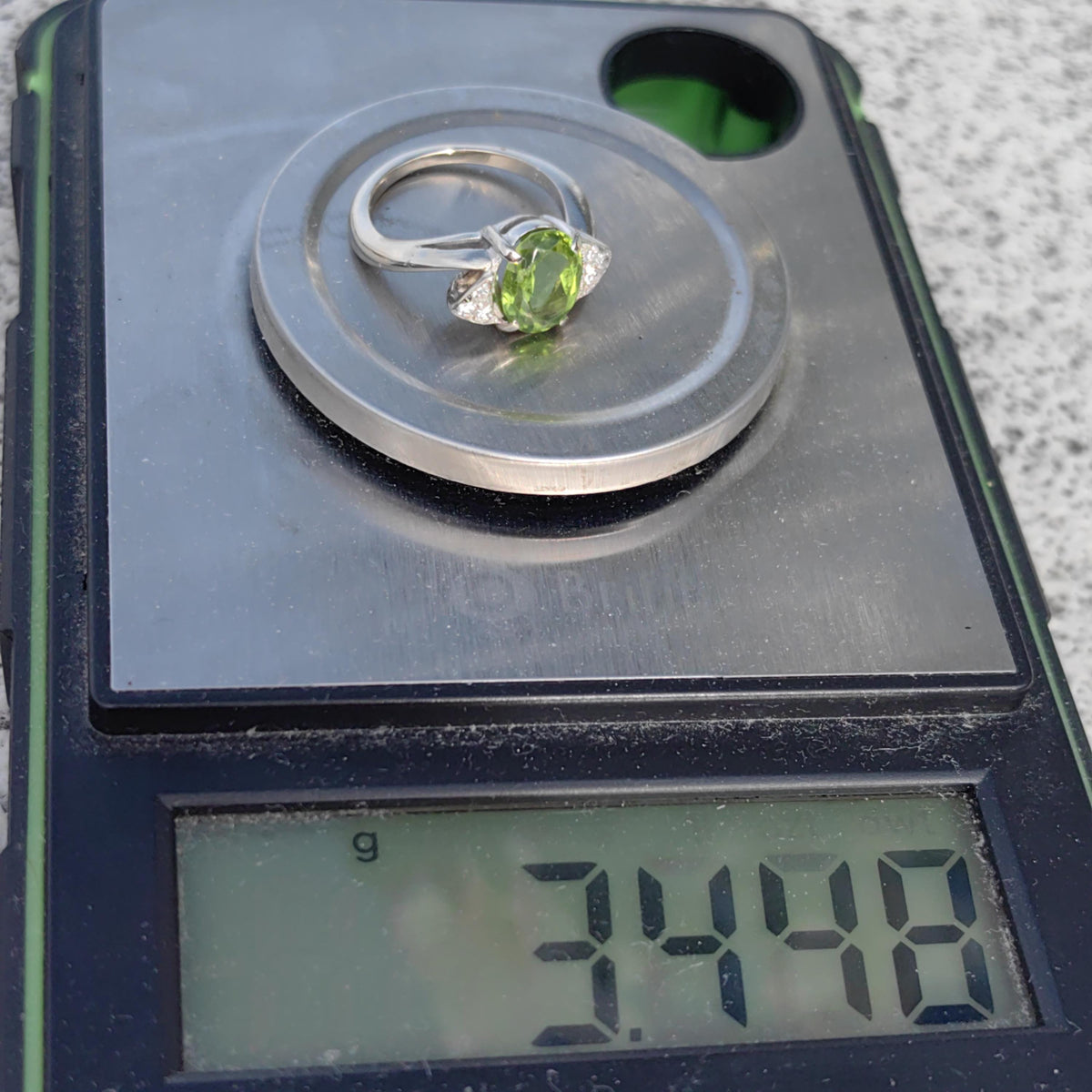 Vintage 14k Solid  White Gold Mid-Century Peridot  Diamond Geometric Solitaire Elegant Band Ring Gift for Her Present