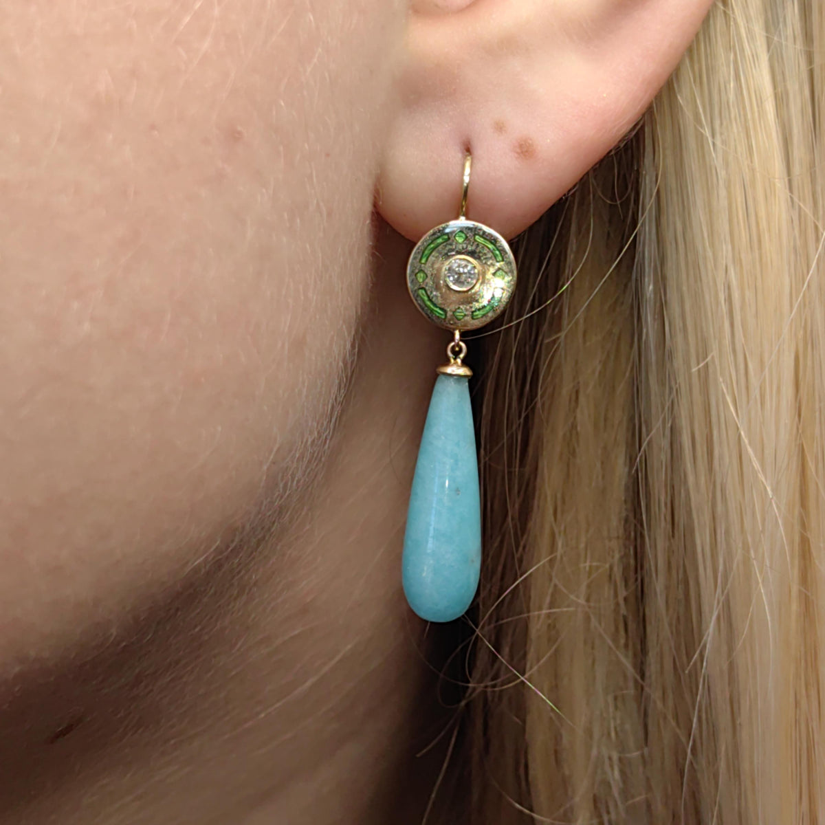 Antique 1900s Art Nouveau Amazonite  and Diamond Solid 14K Yellow Gold Green Enamel Dangle Drop Statement Earrings Elegant Gift for Her