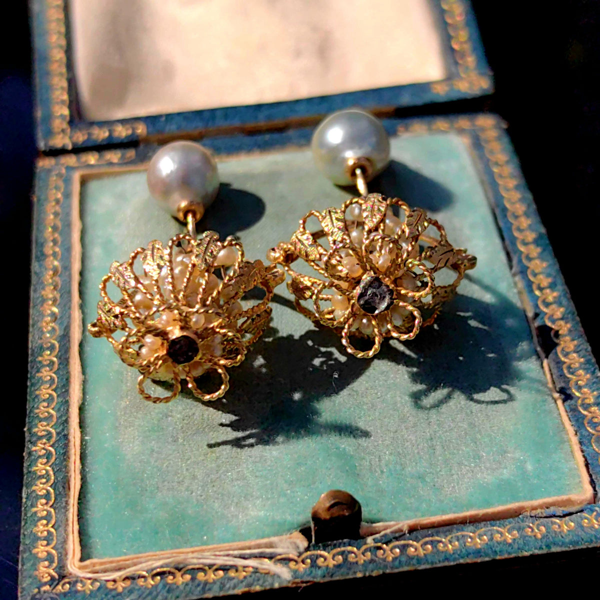 Antique 14k Gold Pearl Chandelier Earrings: 1800s Baroque Floral Dangle