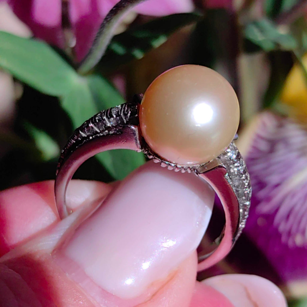 Vintage 1940s Platinum Ring: Natural Pearl & Diamond Accent