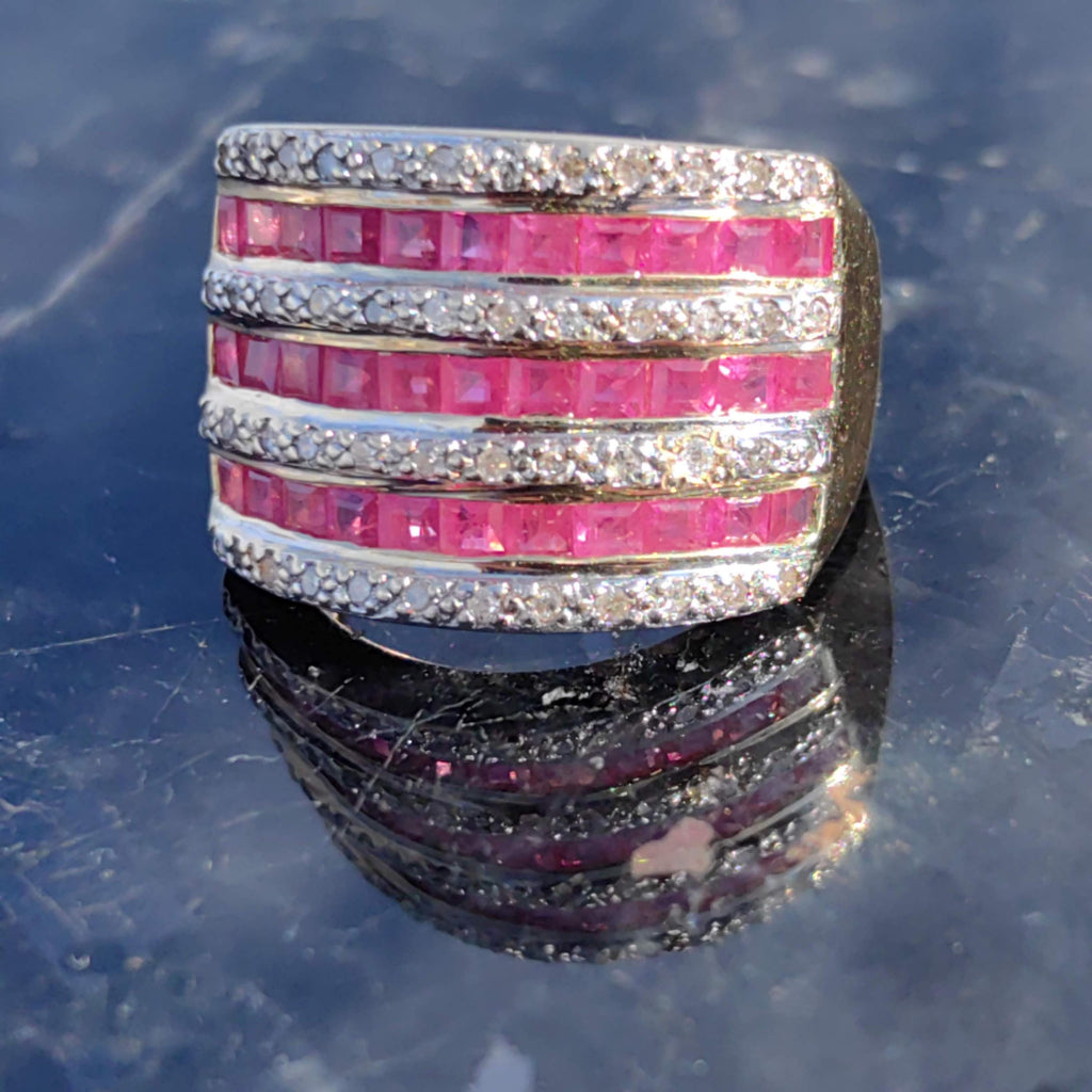 Vintage 18k Solid Yellow Gold Natural Raspberry Red Ruby and Diamond Statement Wide Ring Unisex Size 7.25