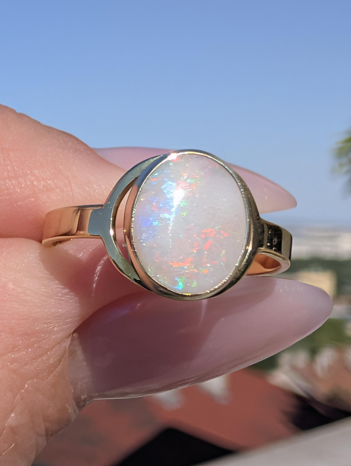 Vintage 1980s Natural White Opal Ring 14k Solid Yellow Gold Hungarian Hallmarked Oval Cabochon Fine Jewelry Gift for Her