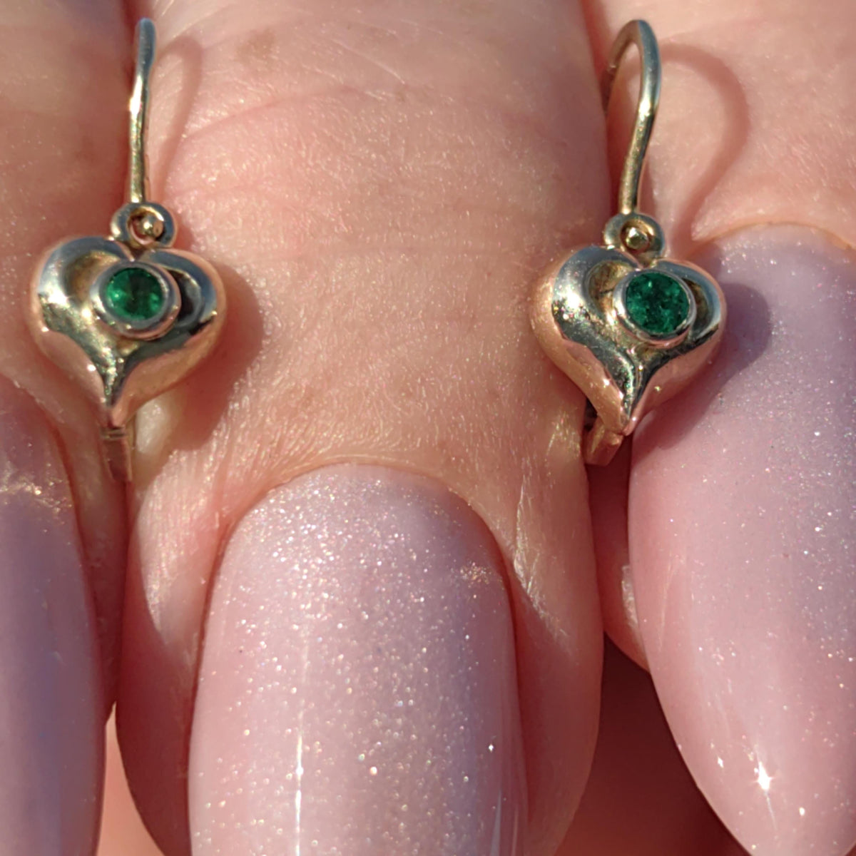 14k 585 Hallmarked Gold Heart Natural Emerald Solid Hallmarked Yellow Champagne 1950s Mid Century Dormouse Gift for her Antique Earrings