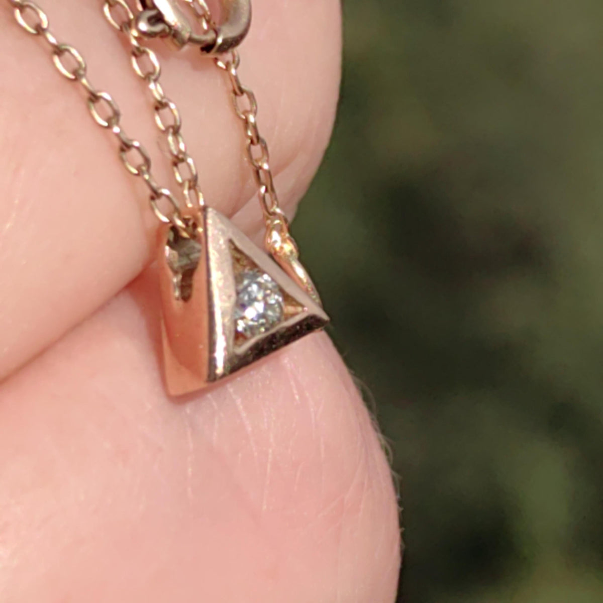 Solitaire Diamond Solid 14k Yellow Gold Vintage Geometric Triangle Pyramid Elegant Necklace Gift for Her