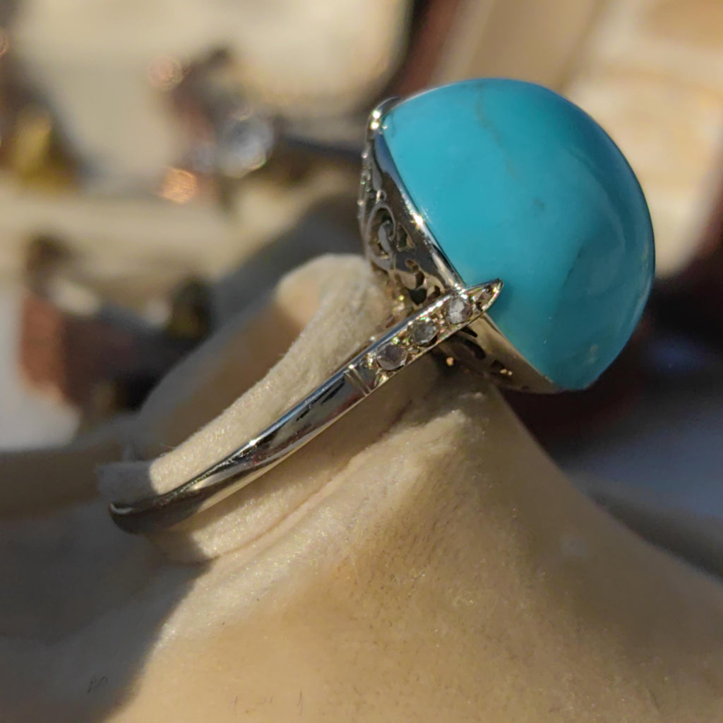 1920s Art Deco 18K White Gold Natural Blue Turquoise Diamond Ring, French Hallmark Antique Statement Engagement Jewelry
