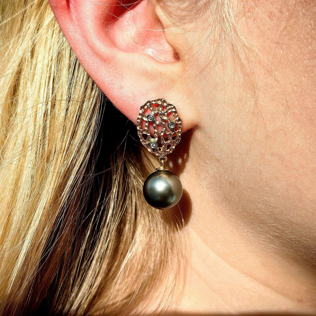 Vintage Tahitian Pearl and Diamond 14k Rose Gold Dangle Earrings