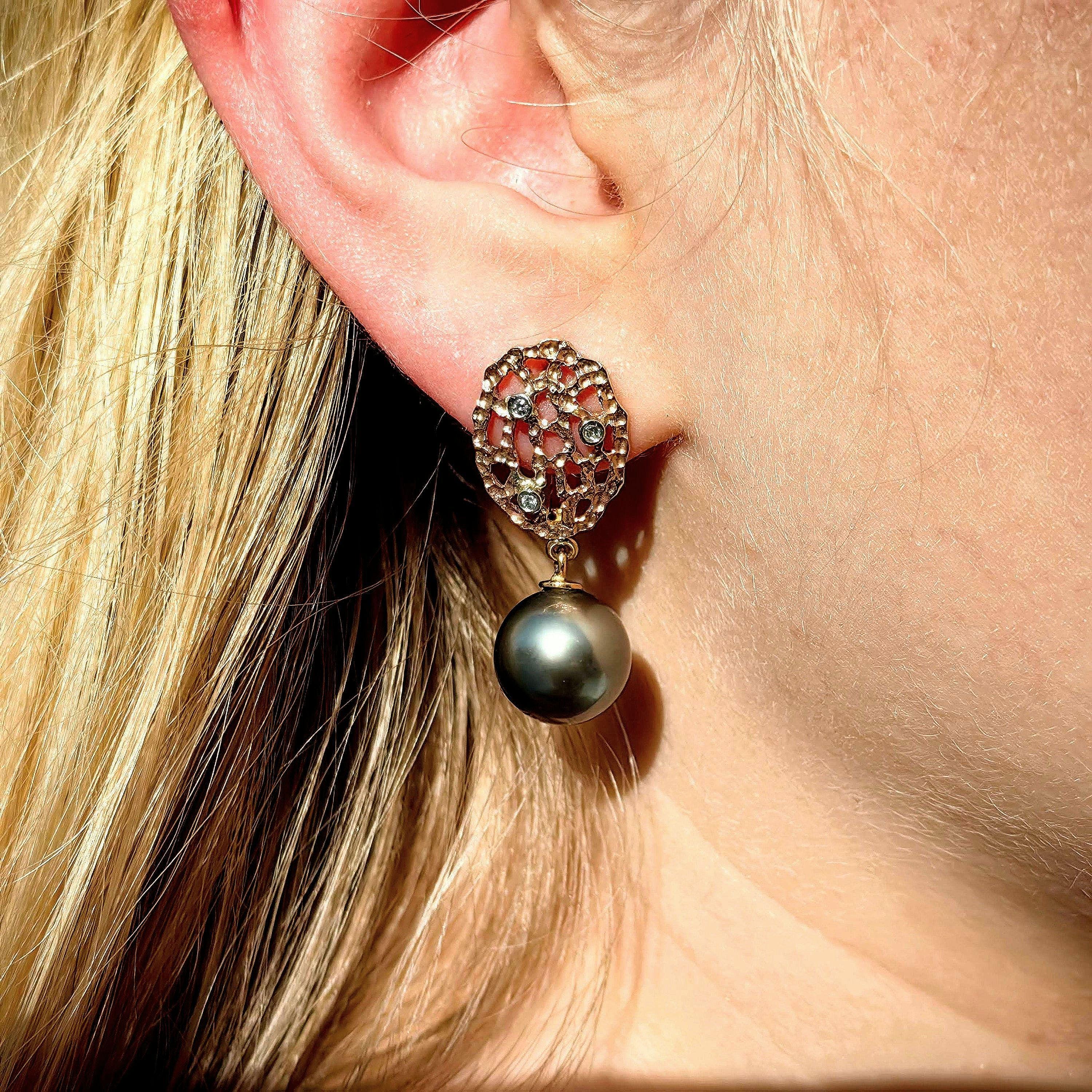 Vintage Tahitian Pearl and Diamond 14k Rose Gold Dangle Earrings