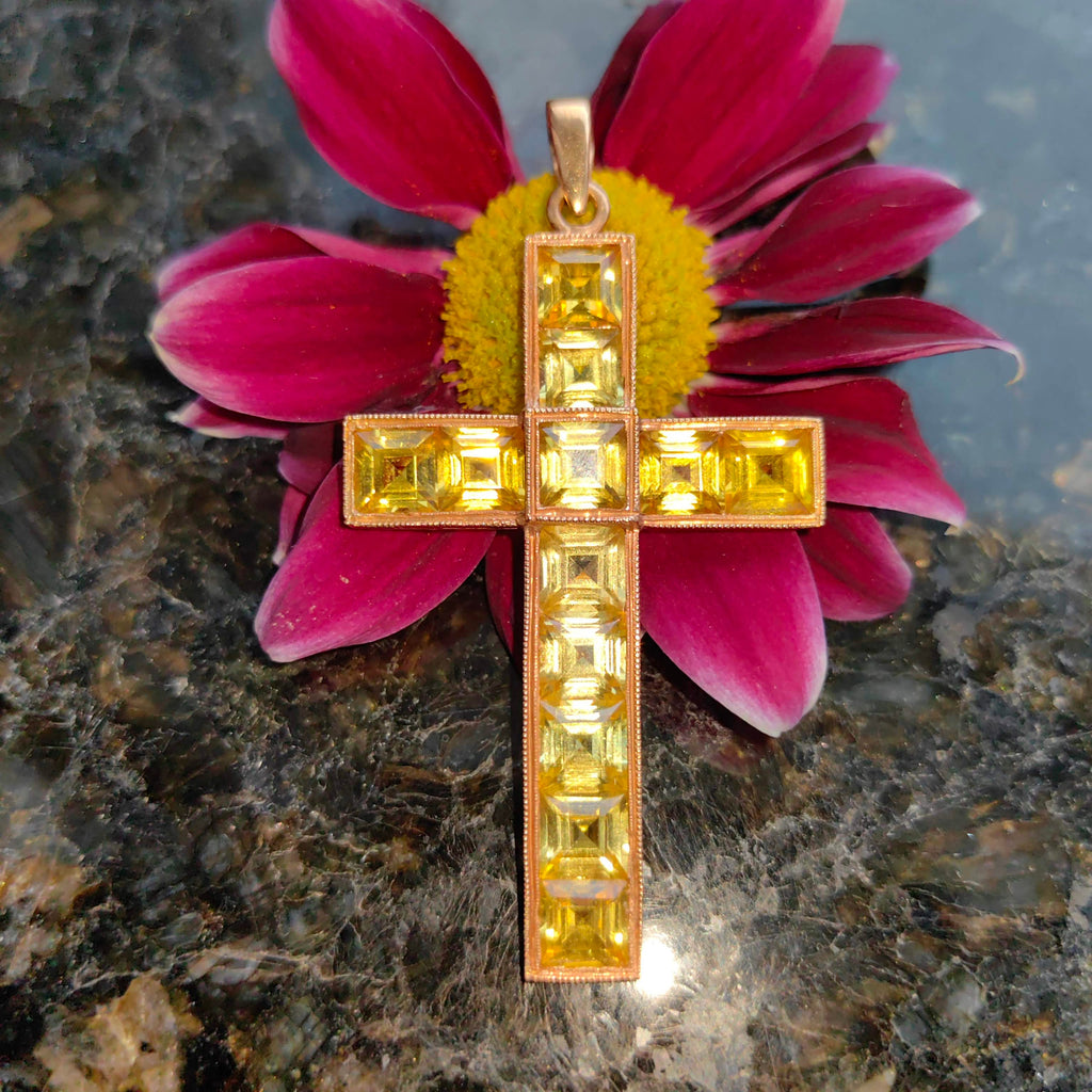 Art Deco Vintage Citrine Solid Yellow Gold Christian Catholic Cross Statement Pendant