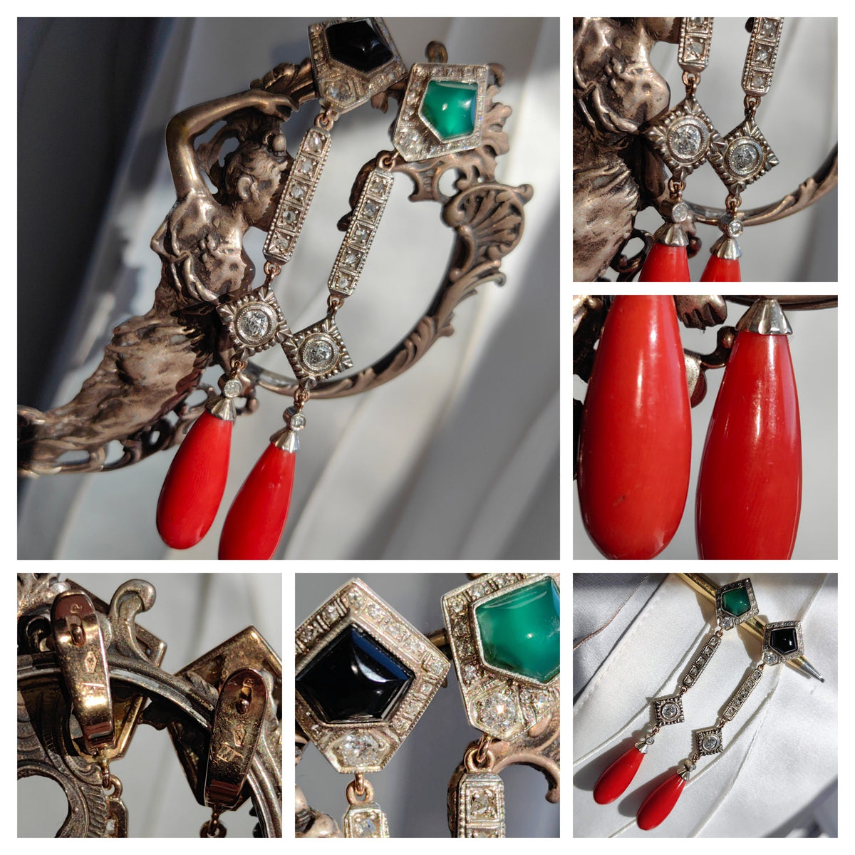 Art Deco Coral Onyx Diamond 14k Gold Dangle Earrings, 1920s Vintage