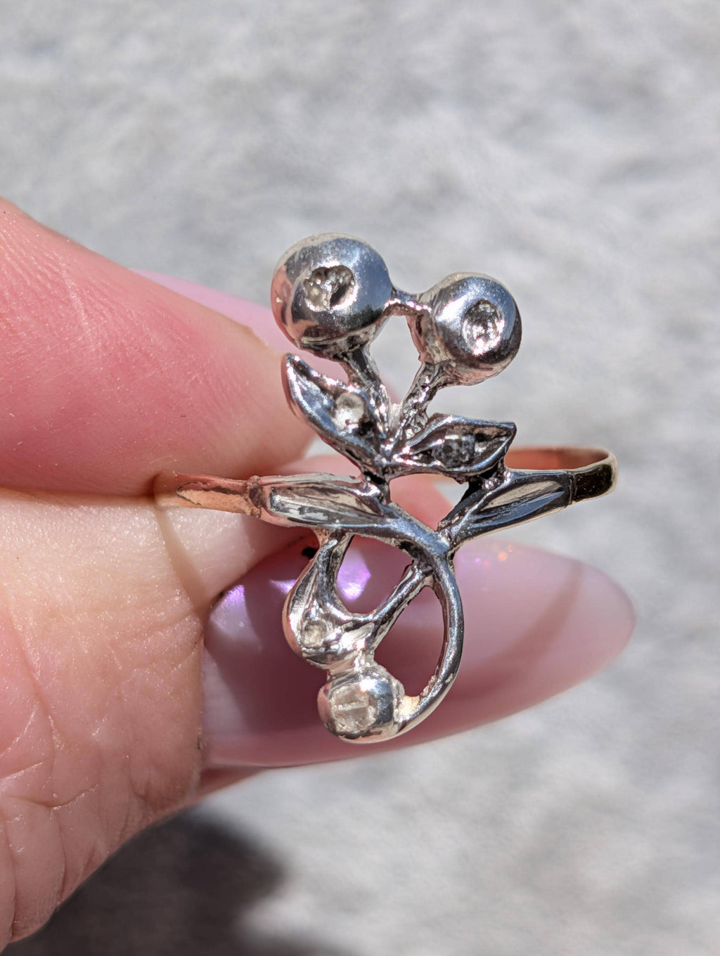 Antique Art Nouveau Diamond Ring 14k Yellow Gold Silver, 1900s Floral Openwork Rose Diamond Engagement Ring, Size 10