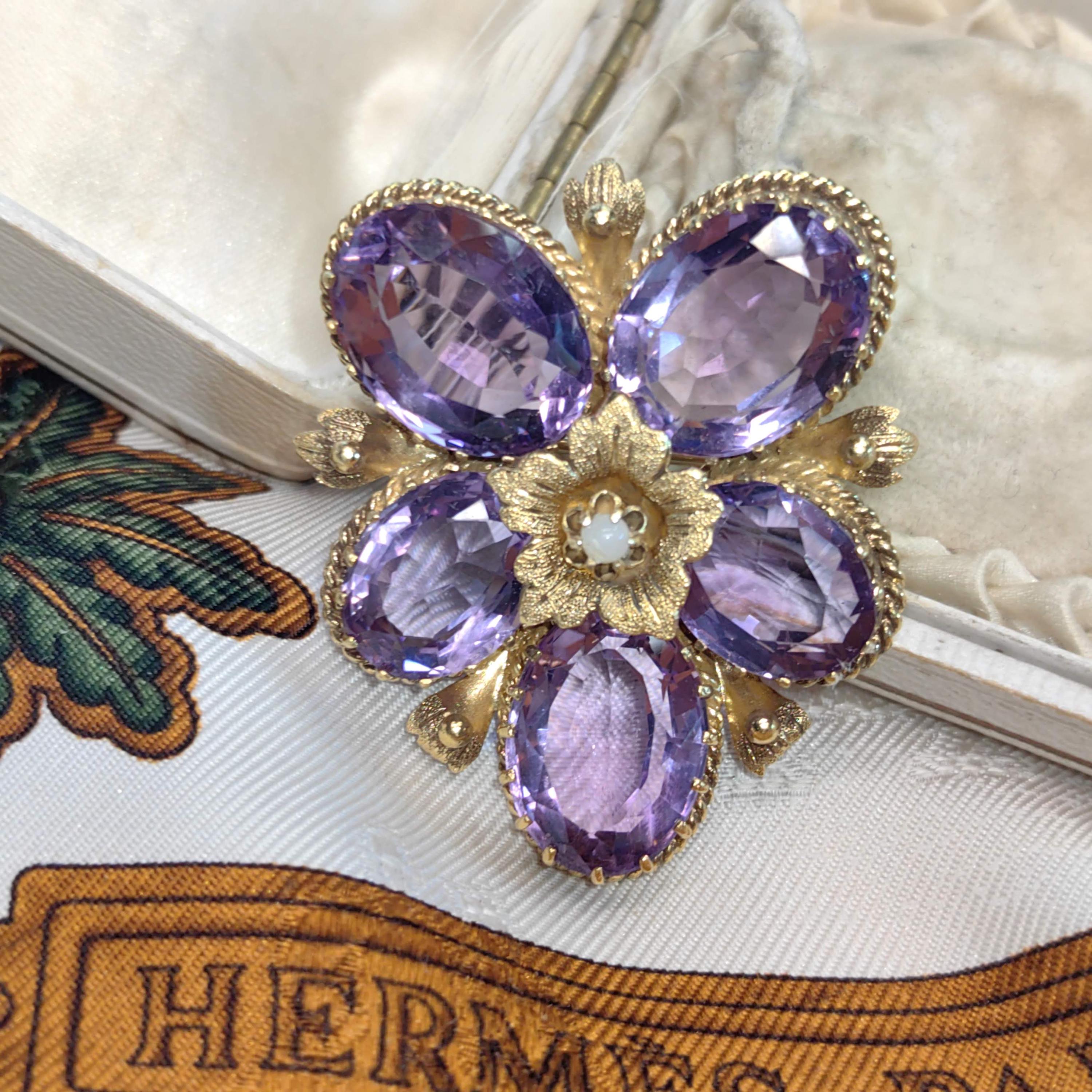 Victorian Amethyst Pearl Floral Pendant Brooch, Gold Plated Silver (1880s)