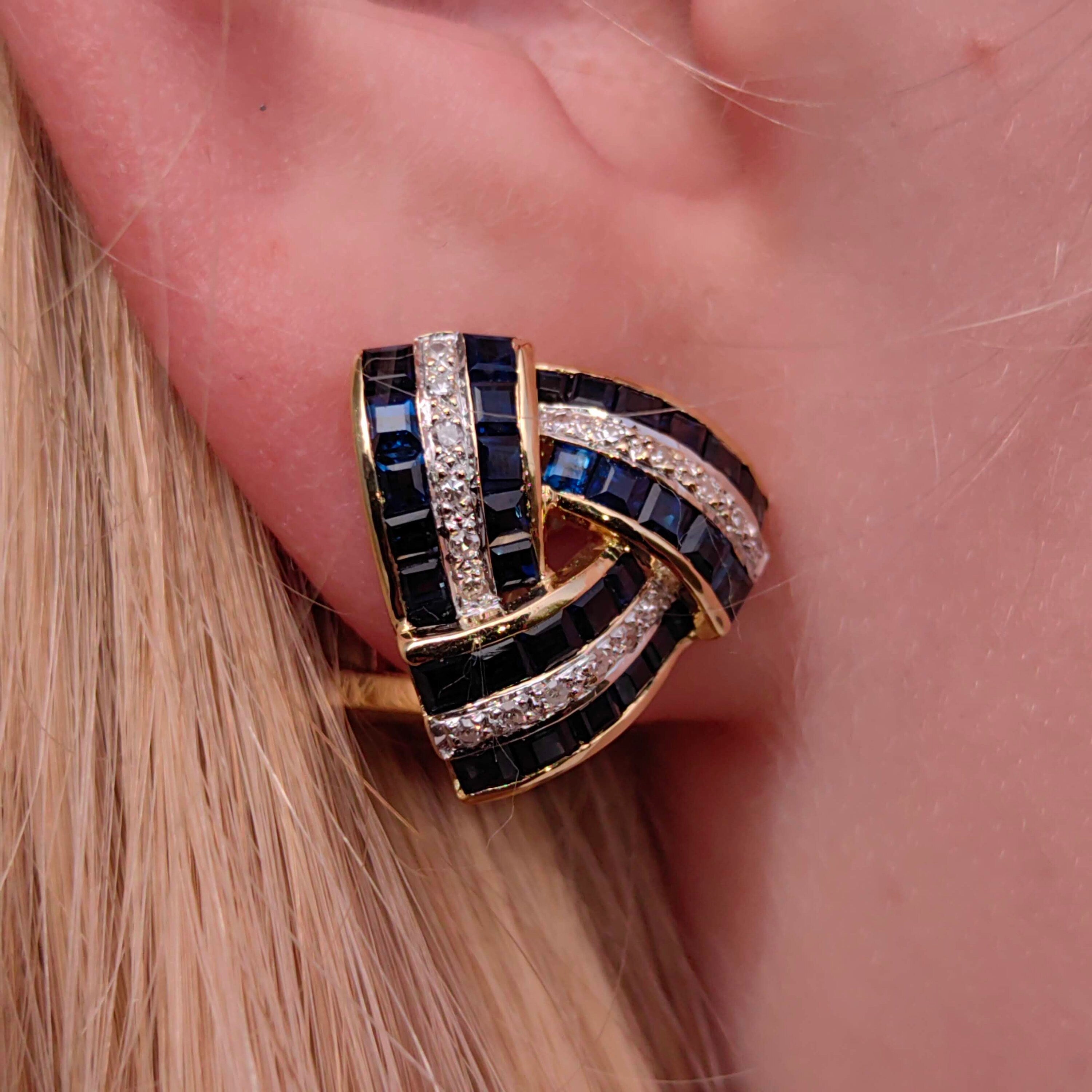 Vintage Sapphire and Diamond 18K Solid Yellow Gold Statement Geometric Triangle  Pyramid Stud Earrings
