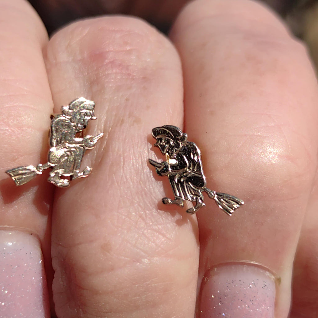 14k Gold Witch Broom Earrings: Antique Mystical Studs