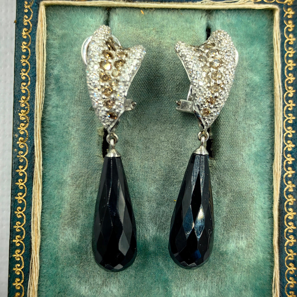 Vintage White and Champagne Diamond Onyx 18k Solid White Gold Statement Dangle Earrings