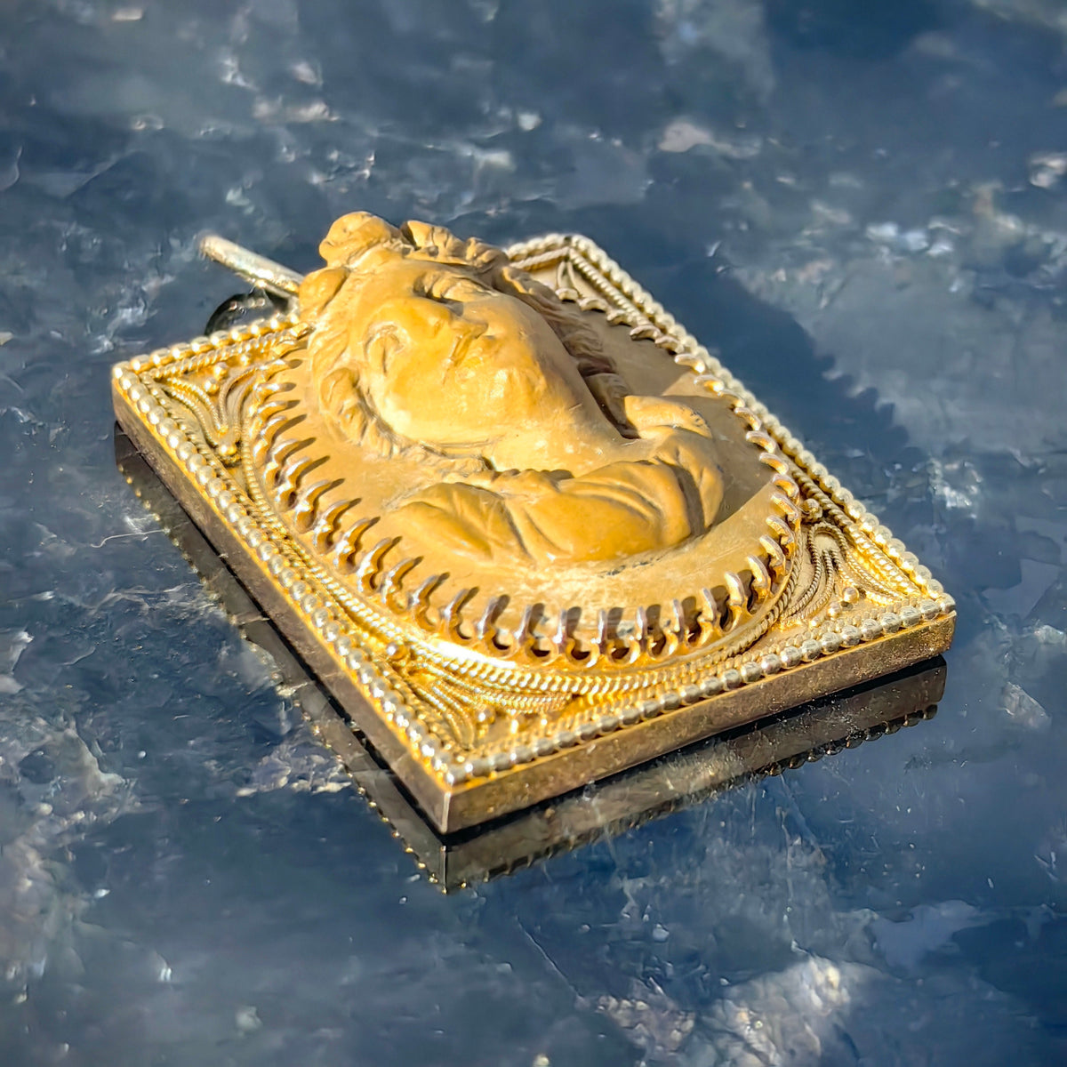 Antique Hand Carved Lava Cameo Pendant: 14k Solid Gold Framed Relief
