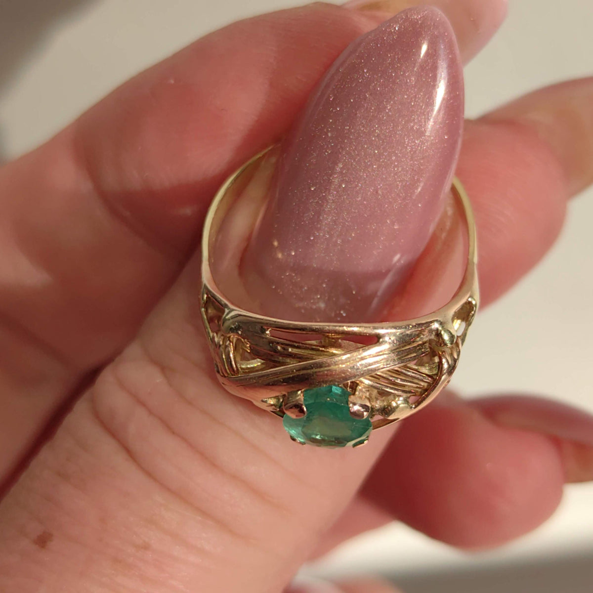 Art Nouveau 1900s Emerald Hallmarked 14k 585 Solid Yellow Rose Gold Antique Vintage Oval Natural Stone Band Solitaire Ring Gift Present