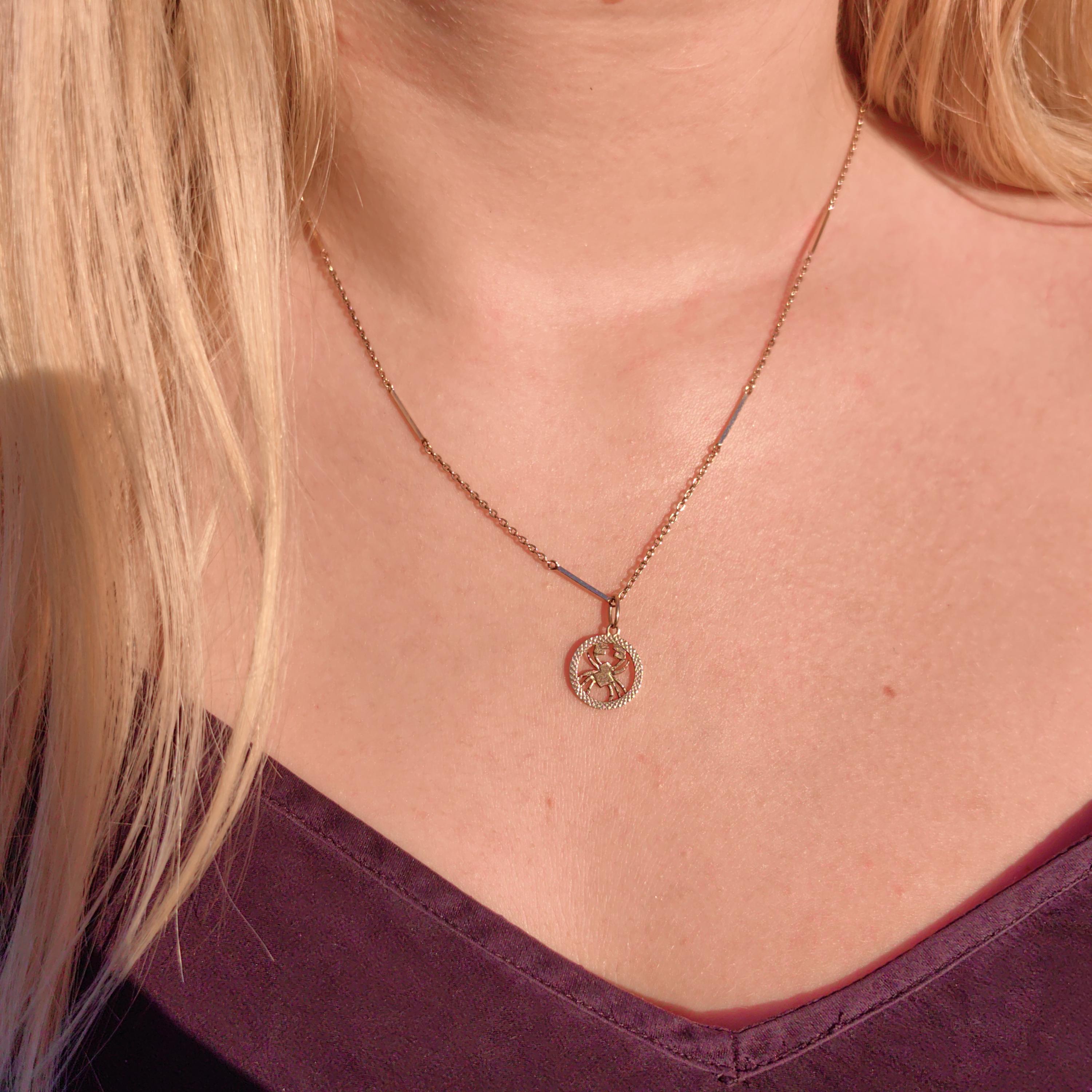 14k Solid Yellow Rose Hallmarked Gold Cancer Zodiac Sign Necklace Pendant Dainty Elegant Vintage Retro Astrology Ocean Sea Charm Gift