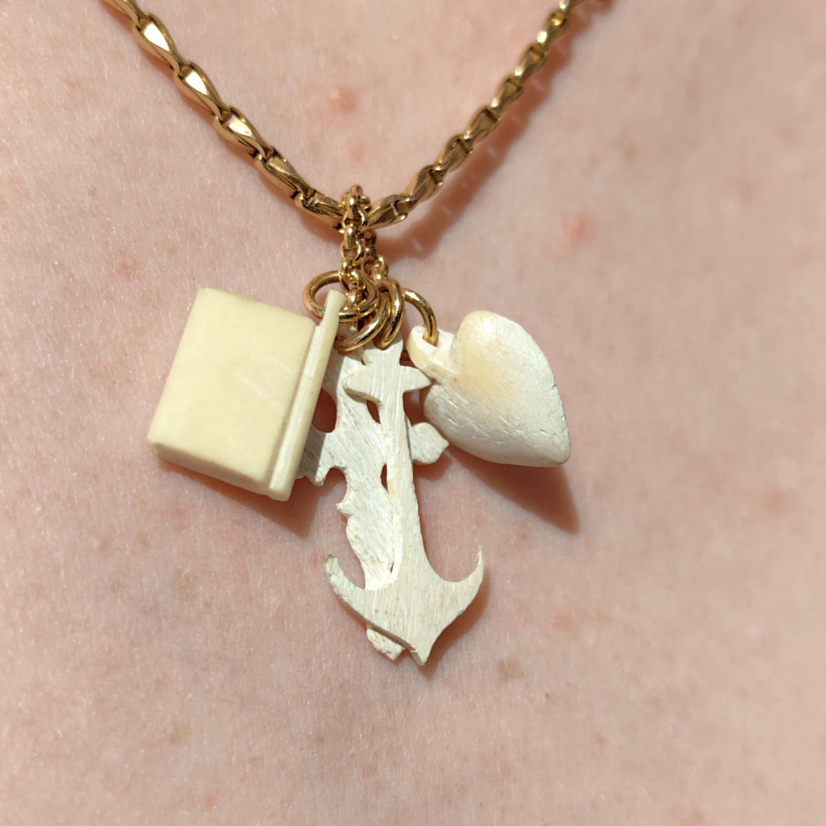 Victorian Bone Charm Pendant: 14k Gold Heart, Cross, Anchor, Book