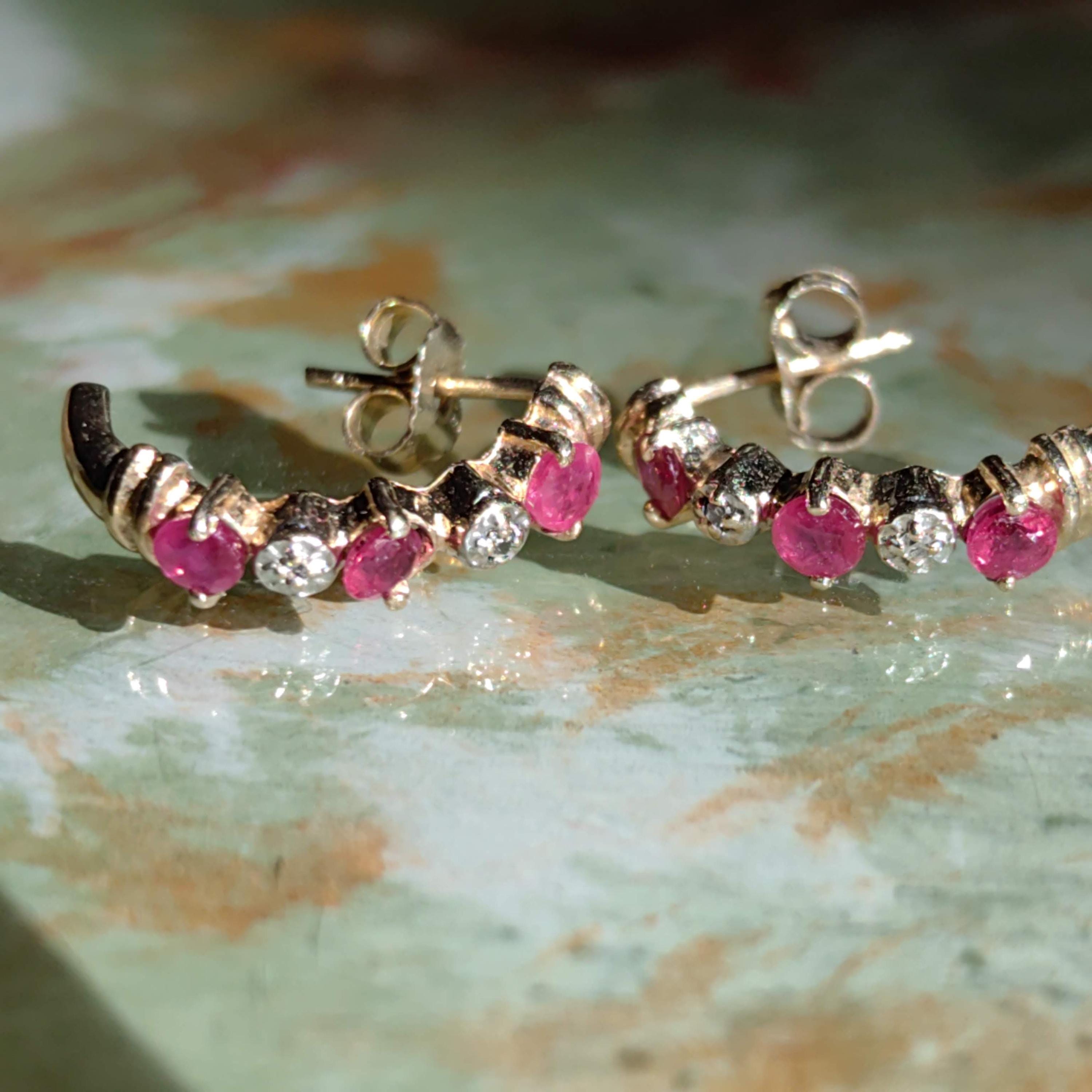 Vintage 14k Yellow Gold Ruby & Diamond Hoop Earrings