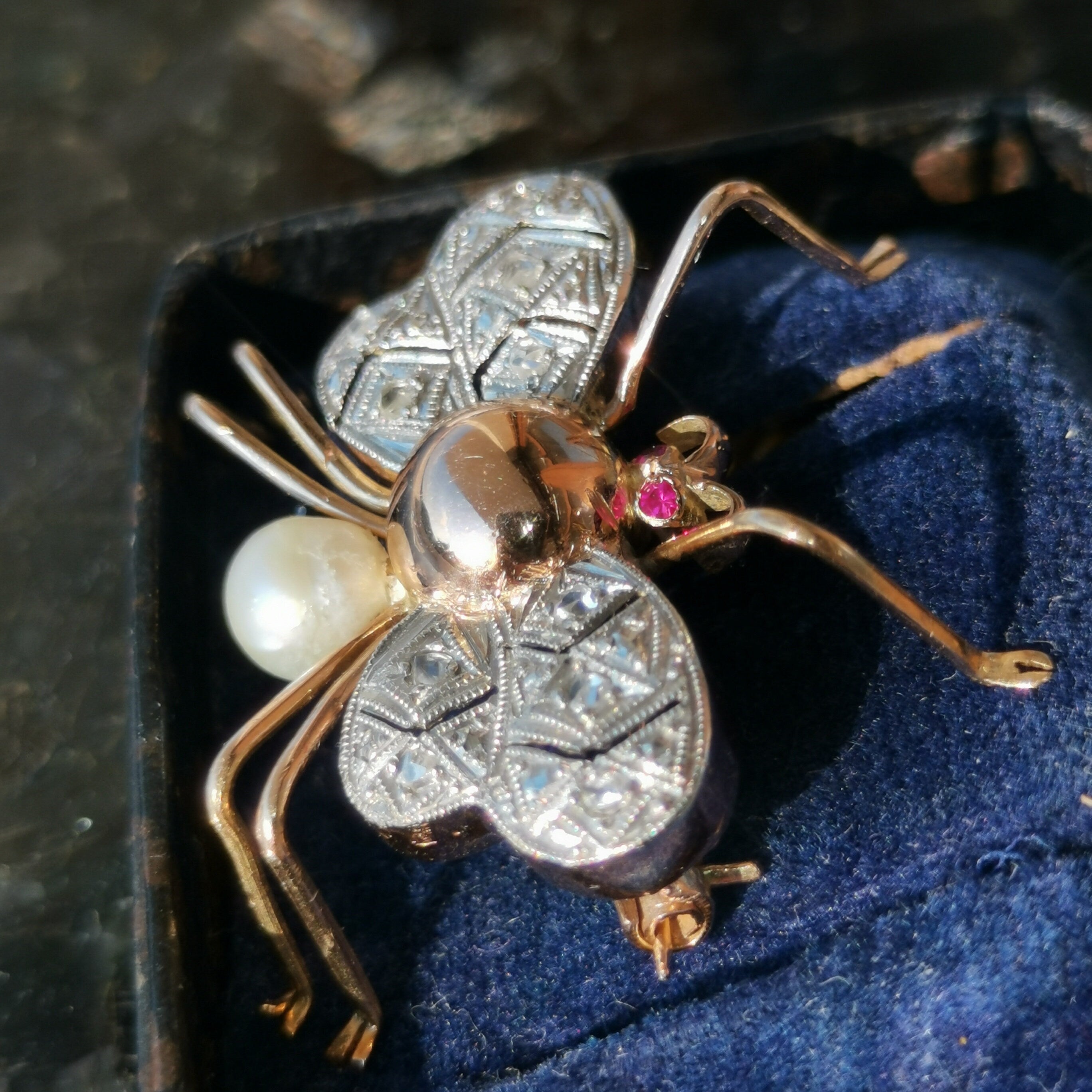 Vintage Diamond Ruby Pearl Solid Yellow 18k Gold Vintage Butterfly Insect Elegant Brooch 1970s