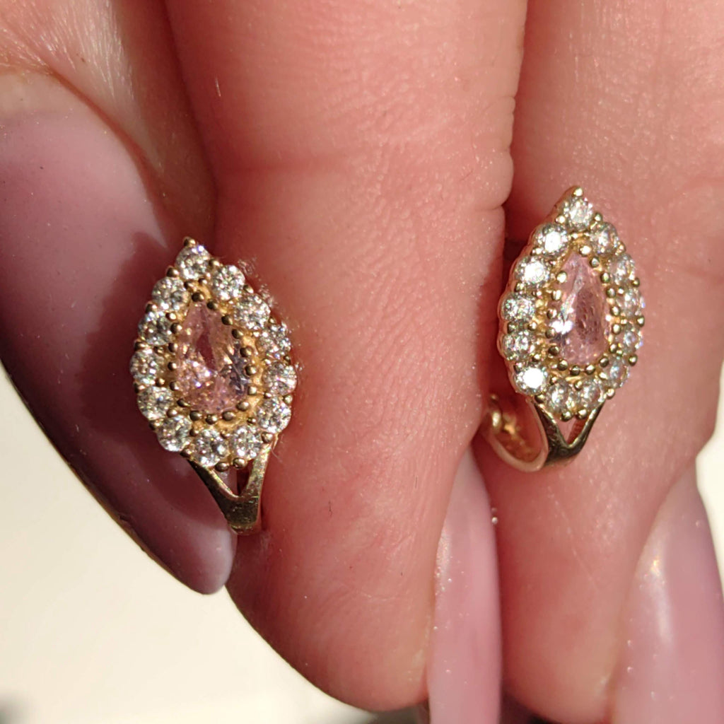 Vintage Solid Yellow Gold cubic zirconia Pink Stone Drop Floral cluster omega closure Earrings Gift for Her