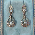 Antique 18k Gold Pearl Rose Cut Diamond Earrings: Victorian Dangle Drop