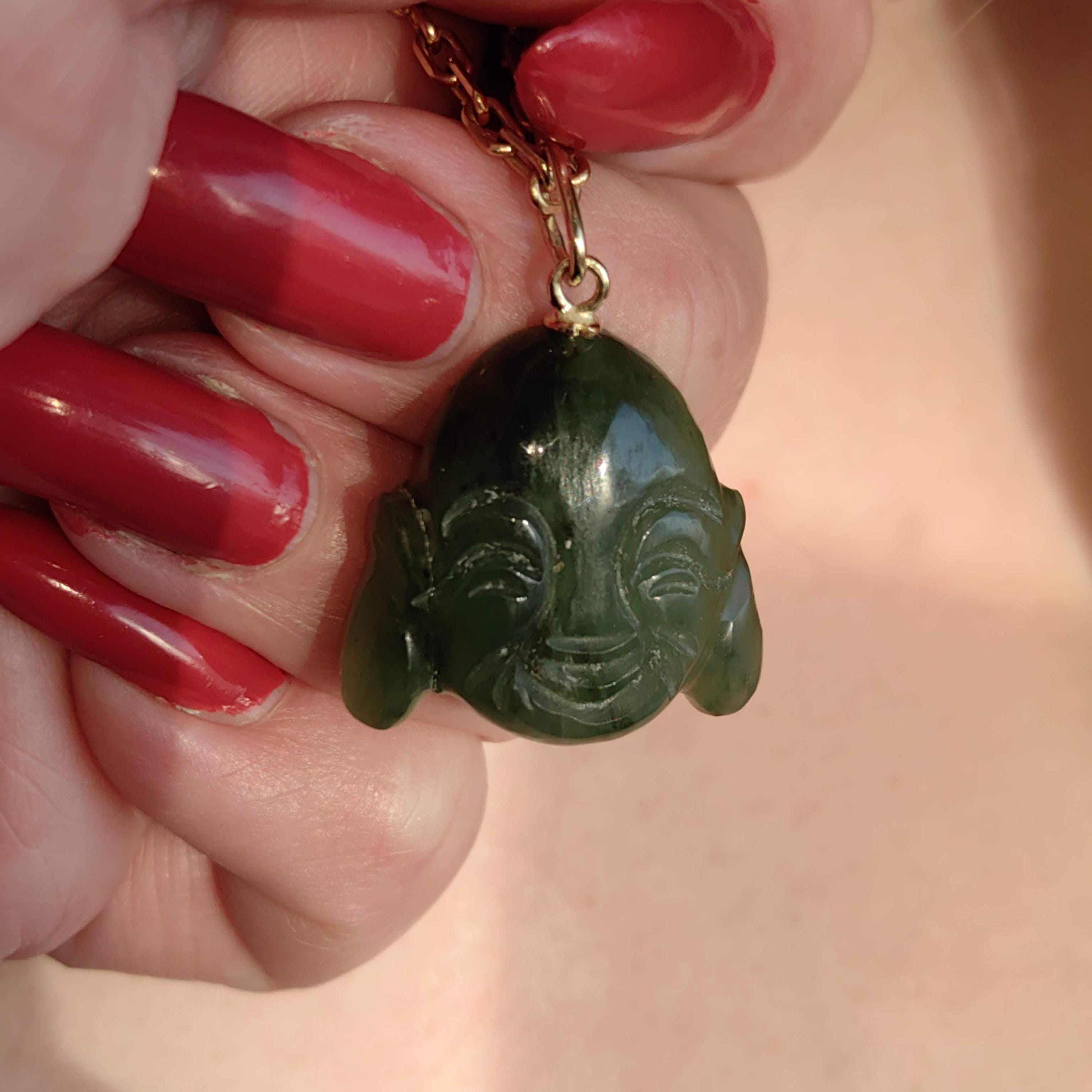 Hand Carved Natural Green Jade Buddha Buddhist Necklace Pendant 14k Solid Yellow  Gold Oriental Religious Spiritual Buddhist Charm Gift