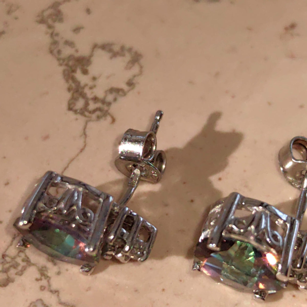Mystic Topaz Diamond White Gold 14k Solid Gold Stud Cluster Antique Vintage Earrings