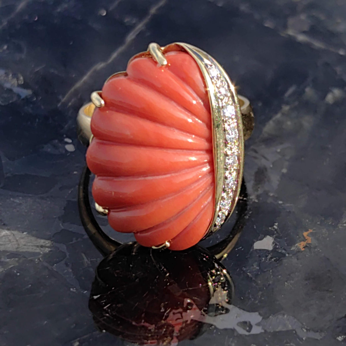 Hand Carved Shell Shaped Red Mediterranean Coral Diamond 18k Solid Yellow Gold Vintage Large  Statement Ring Gift Present