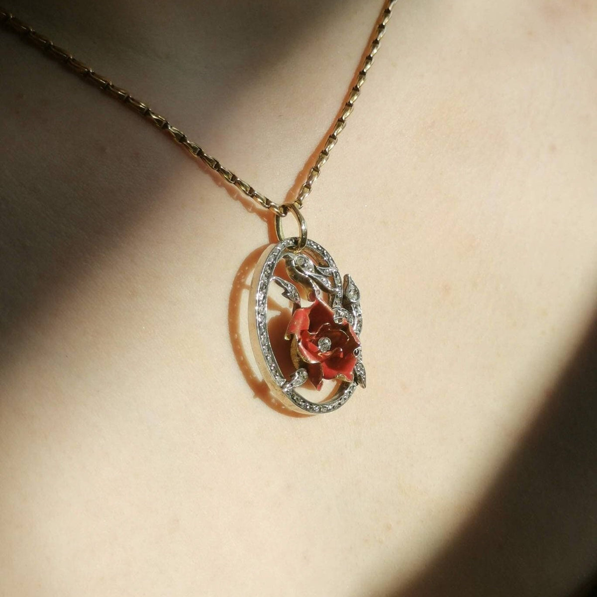 Antique Gold Poppy Flower Pendant Rose Cut Diamonds Red Hand Painted Enamel Art Nouveau Floral Vintage Charm
