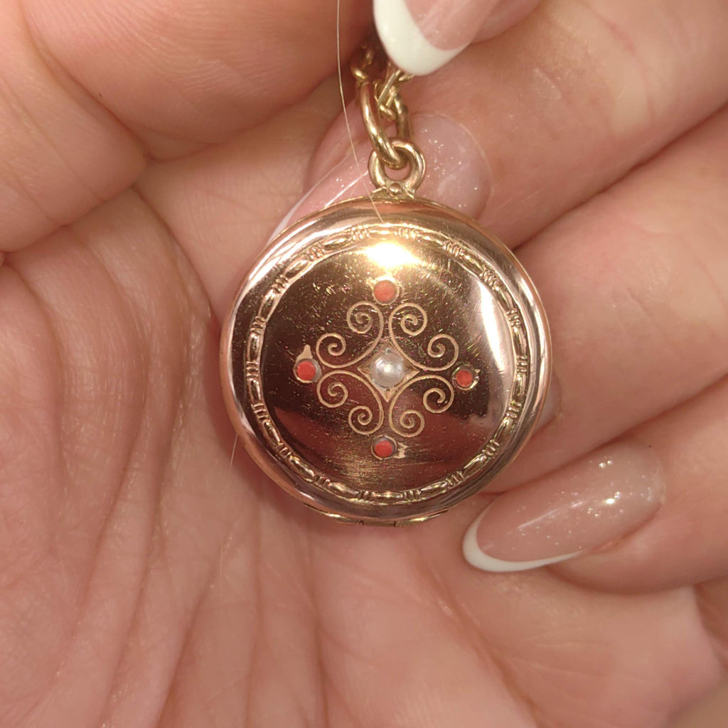 Art Nouveau 1900s Gold Plated Silver Natural Coral & Pearl Pendant Locket Necklace Pendant Picture Holder Gift present for Her Hand Chiseled