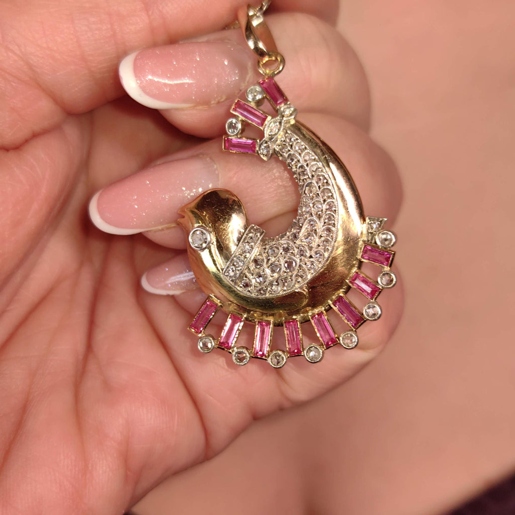 Art Deco 18K Gold Dolphin Pendant: Diamond & Ruby Accent