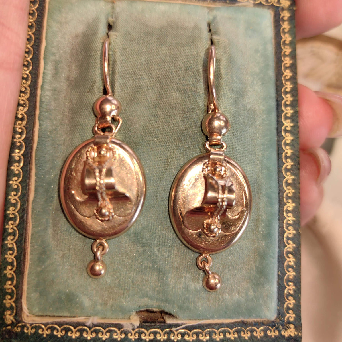 14K Solid Yellow Rose Gold Victorian Style Mid Century Handmade Oval Dangle Statement Elegant  Earrings Gift for Her Present