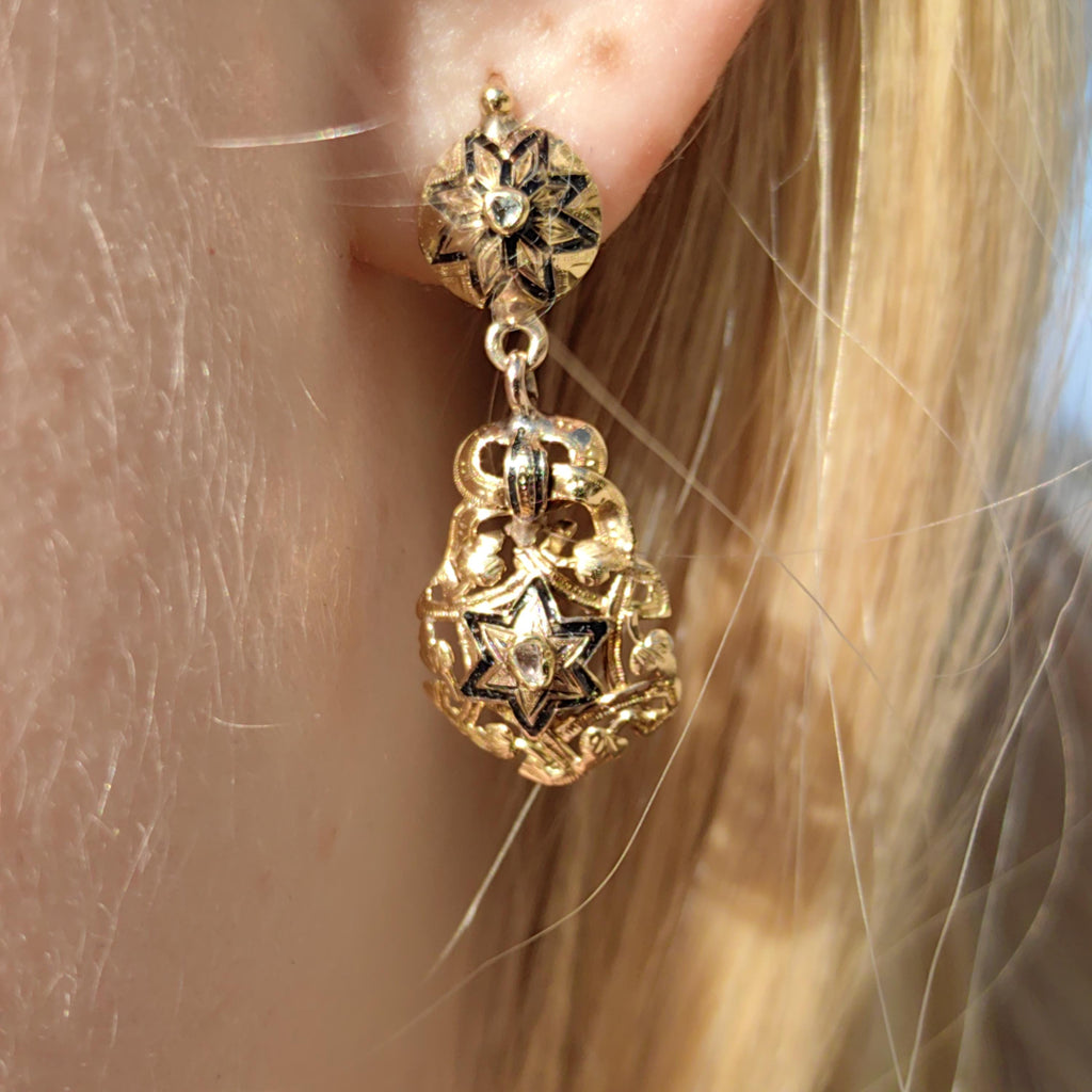 Victorian 18k Gold Diamond David Star Dangle Earrings: Black Enamel Judaica