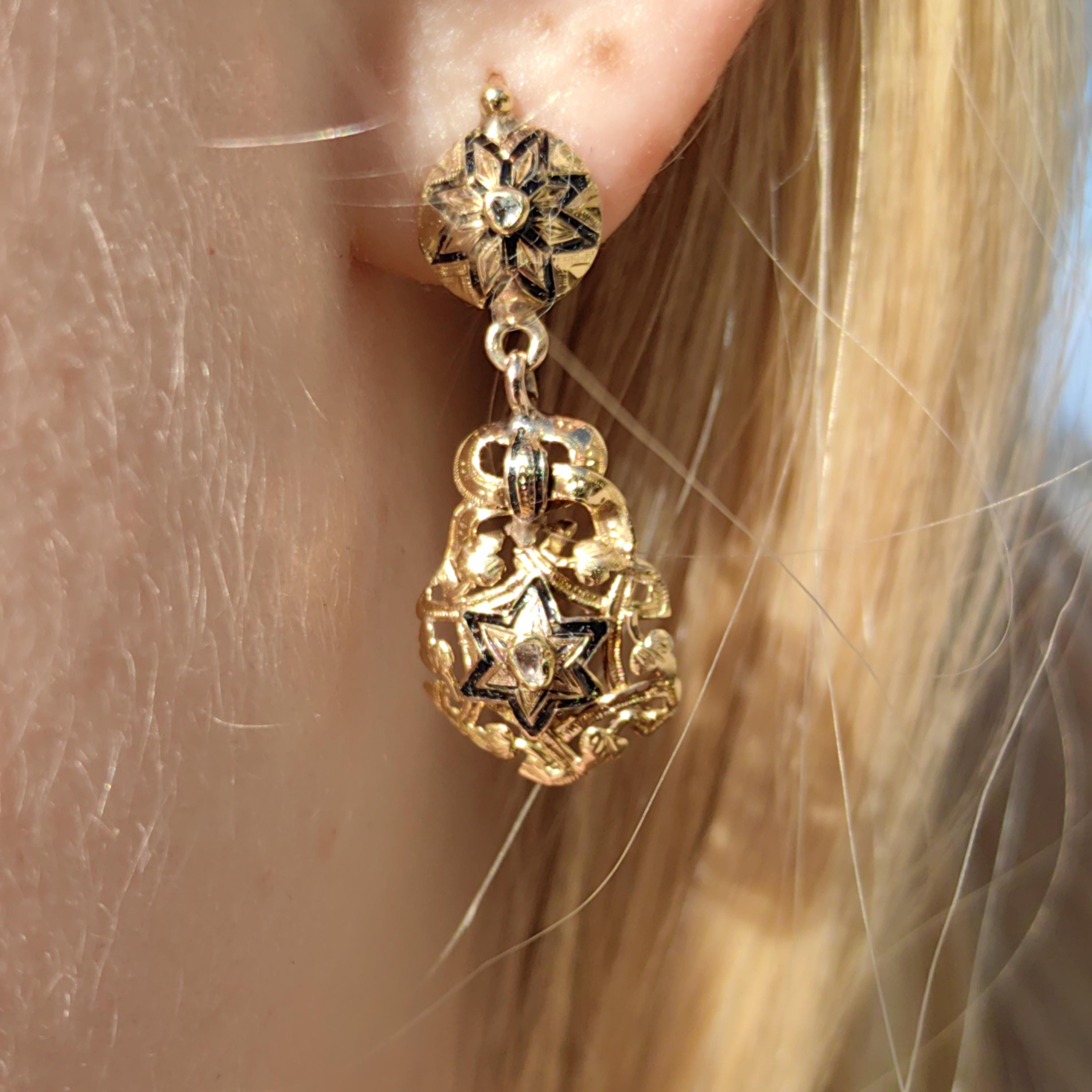 Victorian 18k Gold Diamond David Star Dangle Earrings: Black Enamel Judaica