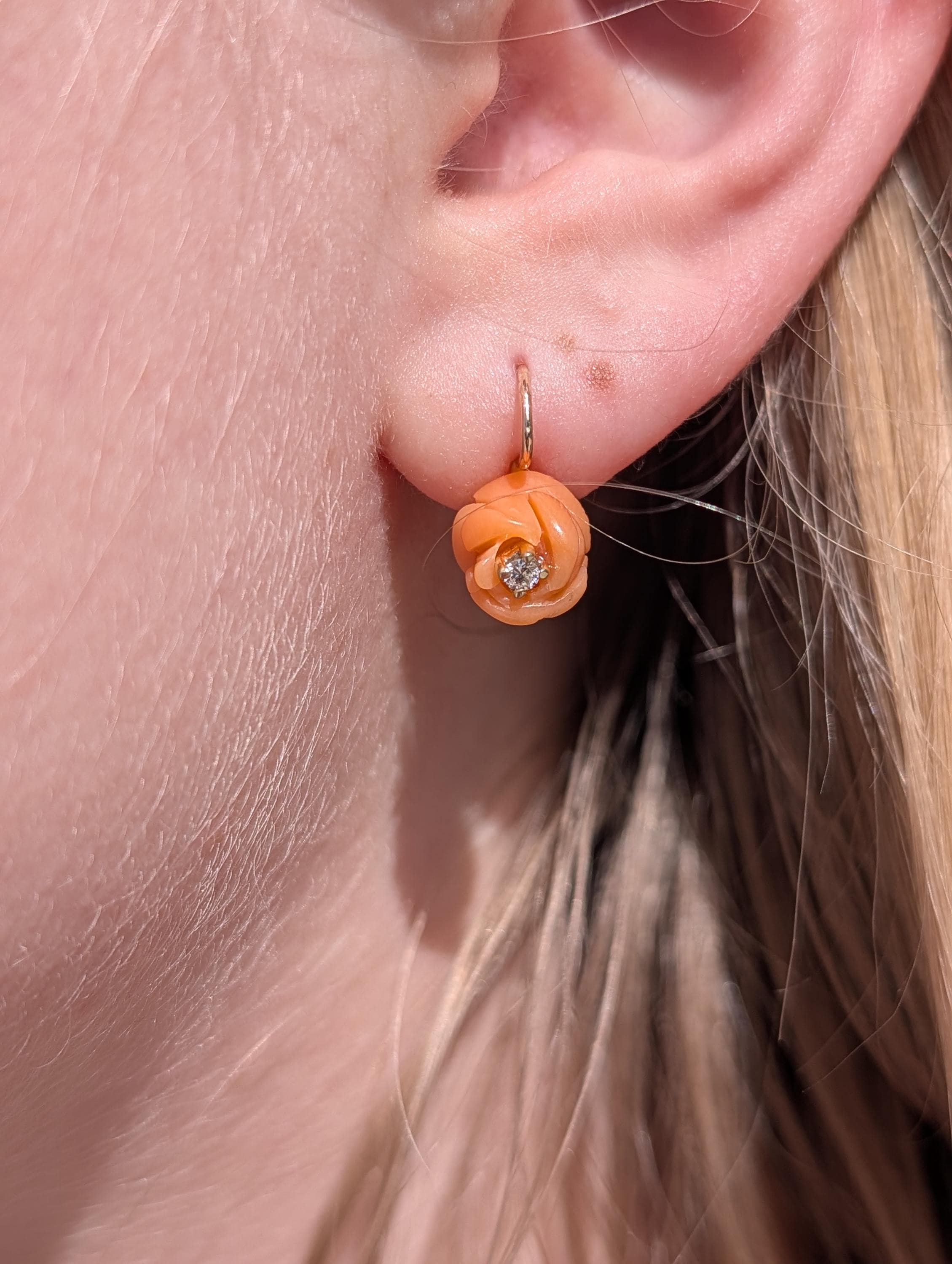 1950s Mid Century Hand Carved Coral Diamond 14k Gold Rose Earrings, Handmade Delicate Floral Lever Back Sleepers Earrings, Gift for Her