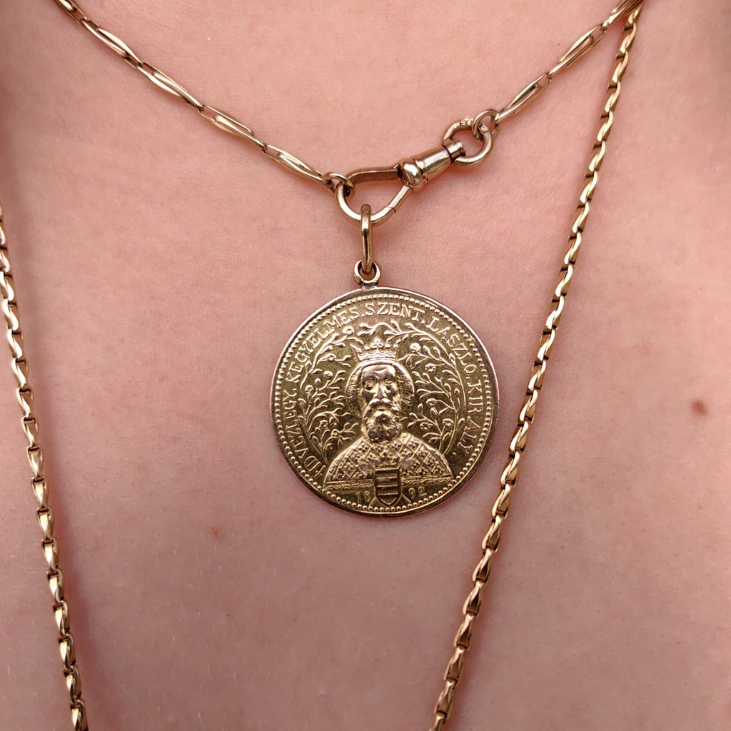 Saint George & Ladislaus 14K Gold Medal Pendant - Vintage Hungarian Coin