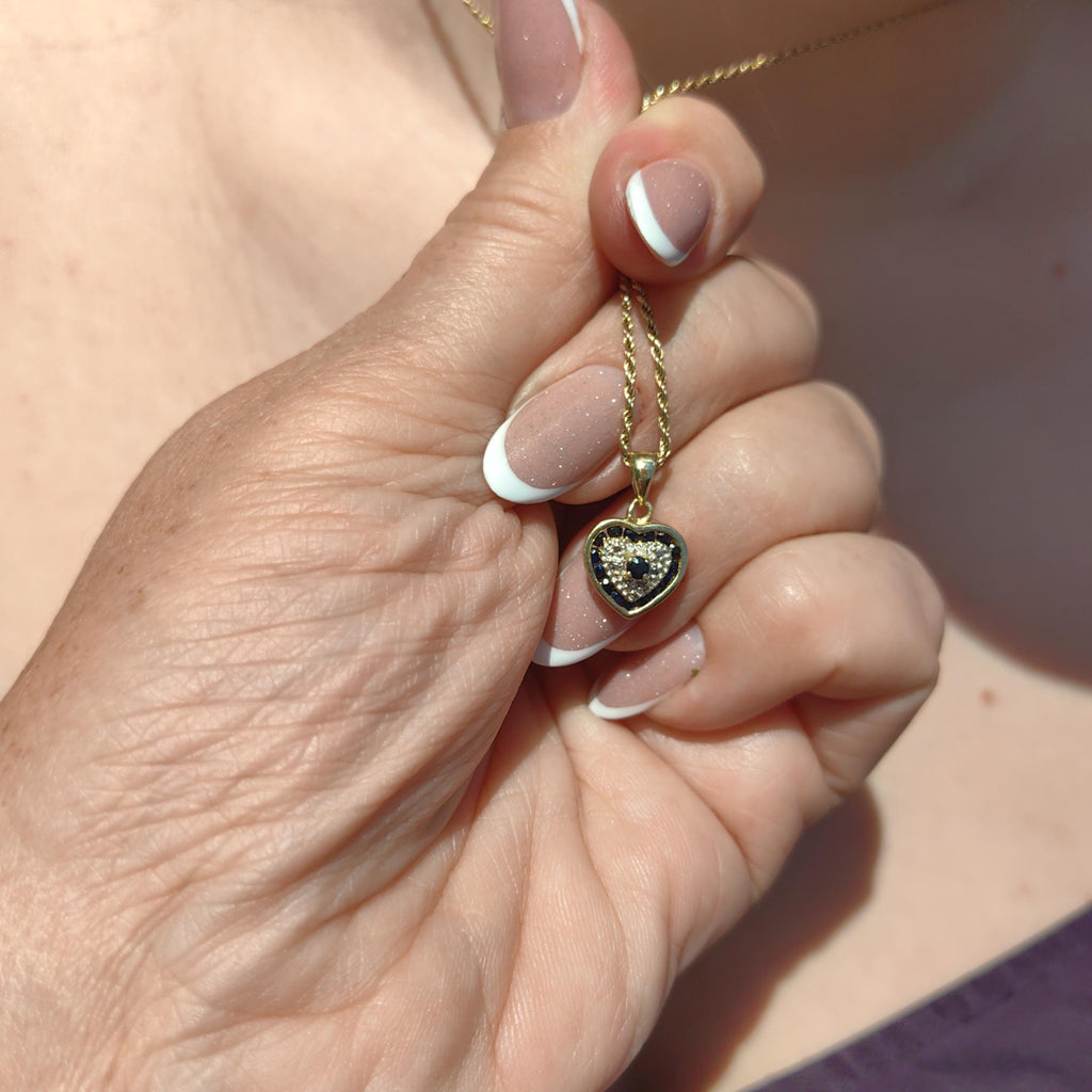Sapphire Diamond 14k Yellow Gold Heart Pendant - Vintage Charm
