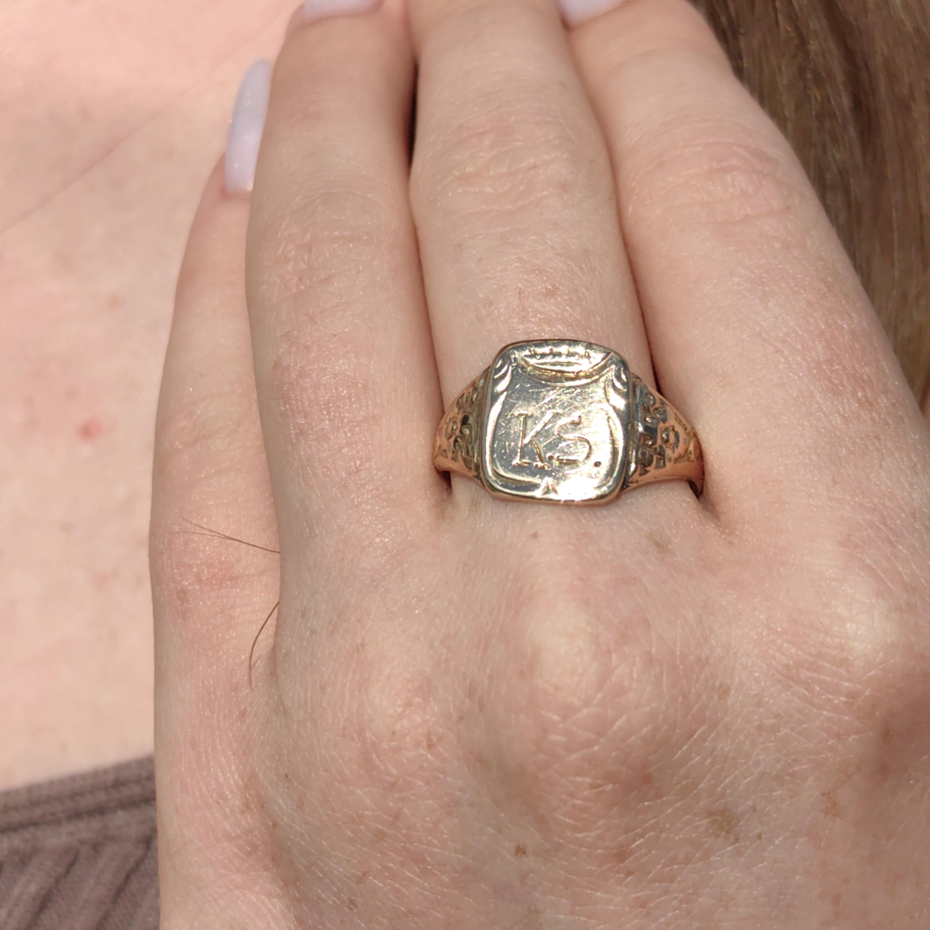 14k Yellow Gold Antique Signet Ring: Crown & KS Initials, Size 11
