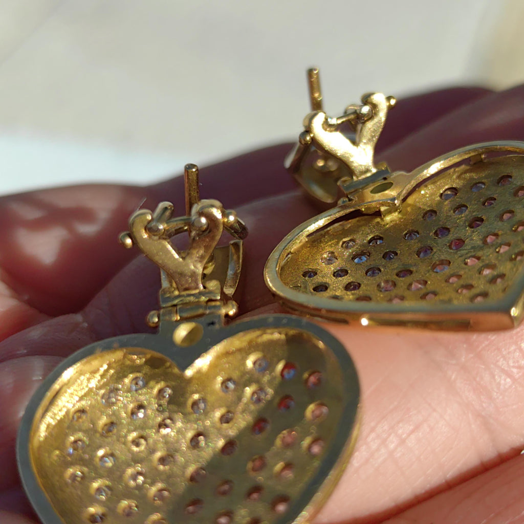 Antique Diamond Heart Earrings: 18k Yellow Gold Dangle Earrings