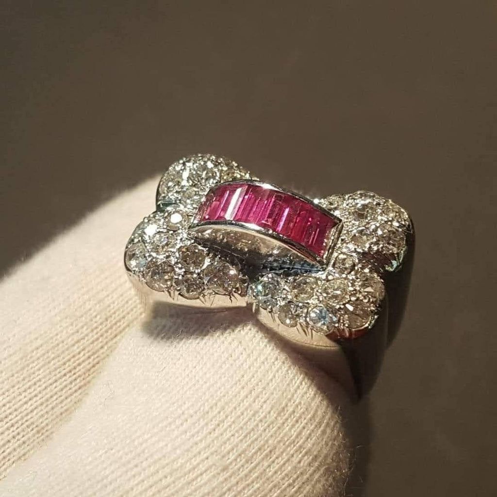 Art Deco Platinum Ruby Diamond Ring: 1930s Vintage Cocktail Ring